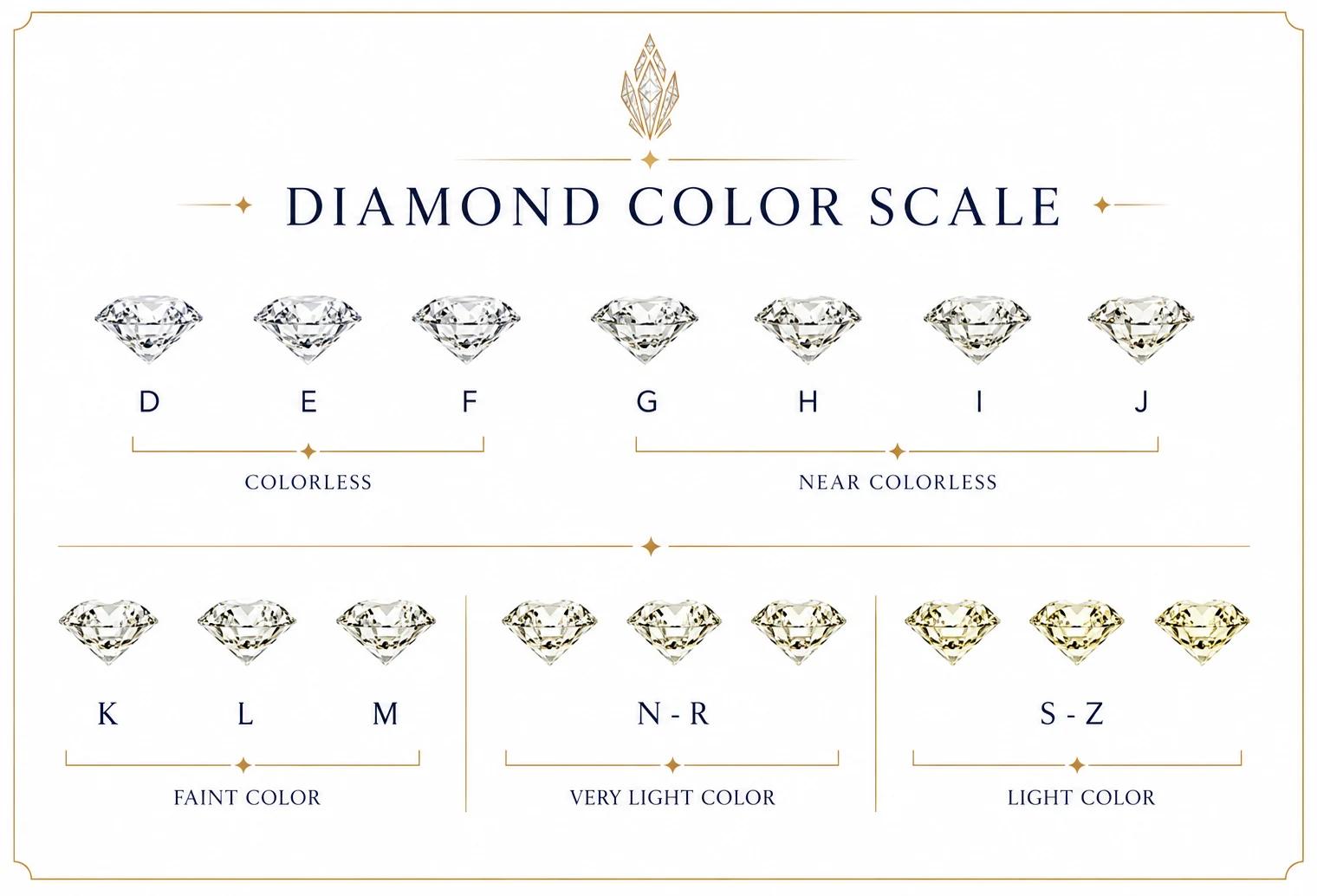 Diamond colour scale from D to Z, grouped colourless, near colourless, faint, very light and light colour